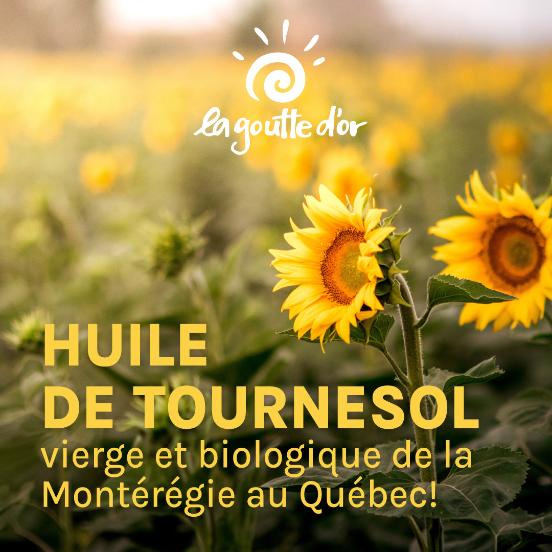 🌻 Voici notre huile de tournesol vierge et biologique, directement de la Montérégie au Québec!